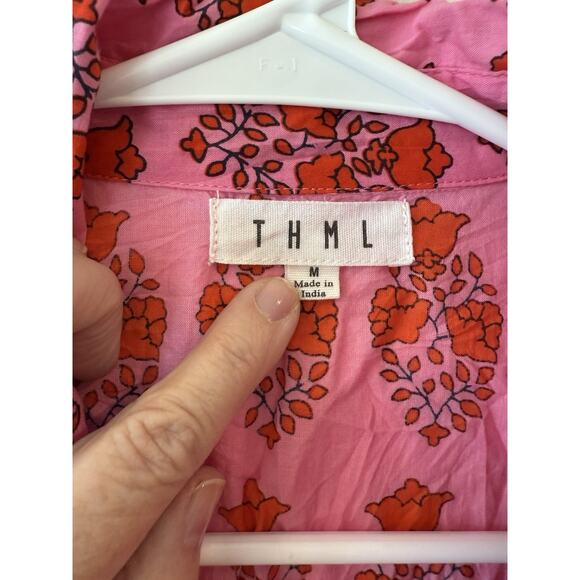 THML Top Women’s Medium Pink Red V-Neck Embroidered Puff Sleeve Floral - Picture 6 of 11